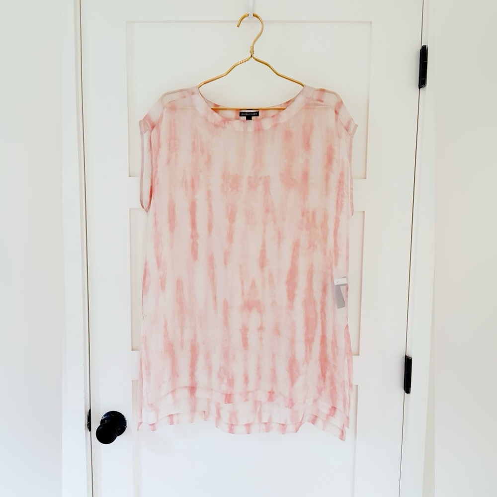 Eileen Fisher Shibori Silk Sheer Tie Dye Tunic Top Pink and Peach Size S